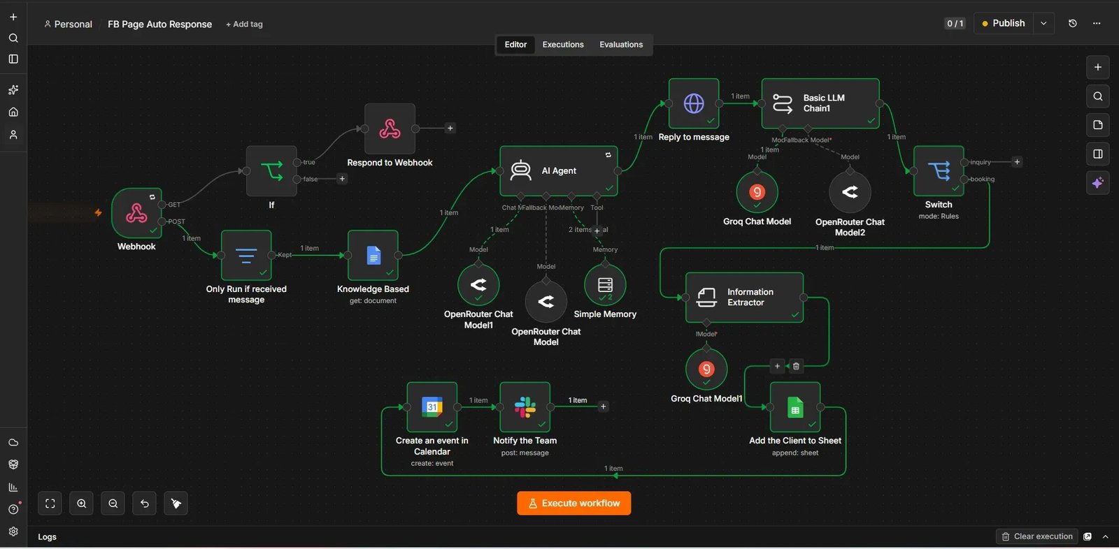 n8n AI agent workflow for Facebook Page auto response with knowledge base, memory, intent switch, calendar booking and Slack notification