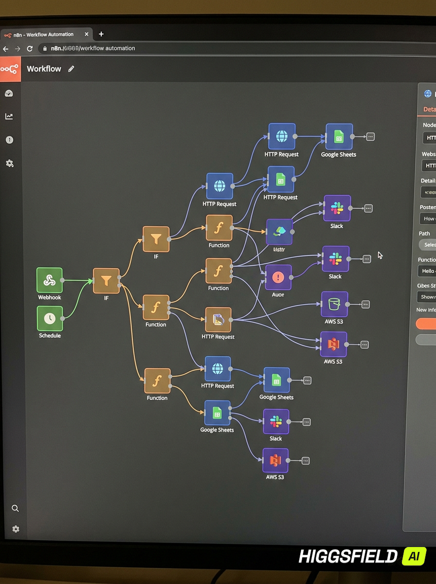 n8n workflow canvas with branching automation nodes